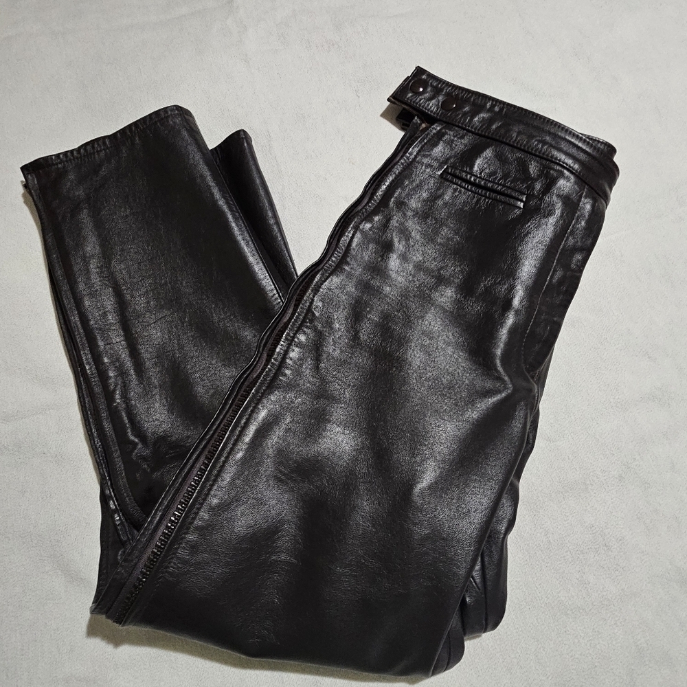 Leather pants. Brown Women's size 28 button waist zipper down the leg - Picture 2 of 7